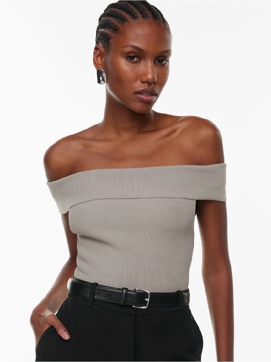 Babaton Tops - Babaton Aritzia Women’s Sculpt Knit Off Shoulder Top Cropped Medium Ashen